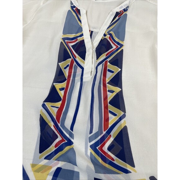 Red Haute 100% Silk Long Sleeve Cream Colorful Blouse Size Large Sheer Tribal - Picture 10 of 12